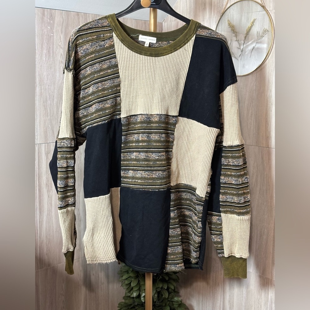 Gilded Intent Patchwork Crewneck Sweater - Navy Blue Black, Olive, Beige